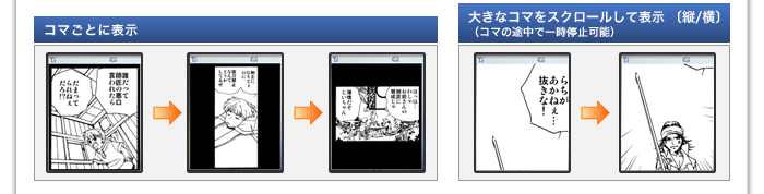 コマごとに表示　大きなコマをスクロールして表示 〔縦/横〕（コマの途中で一時停止可能）