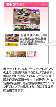 貴社サイトで、まるでテレビショッピングのように商品PRを行うことができます。 番組を今しか手に入れることのできない限定商品の番組をライブで配信したり、定番の商品は、商品説明映像をオンデマンドでいつでも見られるようにするなどに活用できます。