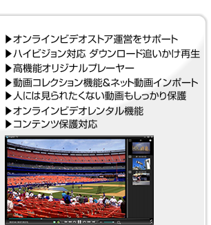 オンラインビデオストア運営をサポート・ハイビジョン対応 ダウンロード追いかけ再生・高機能オリジナルプレーヤー・動画コレクション機能＆ネット動画インポート・人には見られたくない動画もしっかり保護・オンラインビデオレンタル機能・コンテンツ保護対応